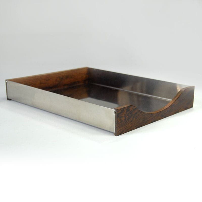 Desk Organizer, brown teak, brushed silver steel, Denmark, 1980s. - 319657