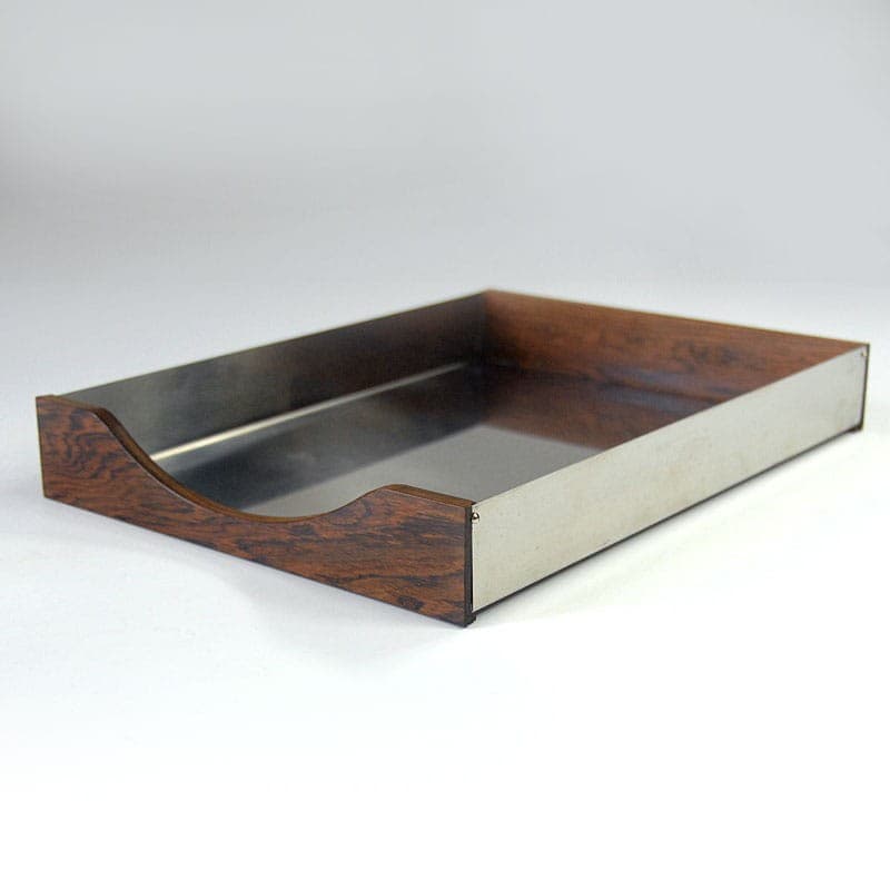 Desk Organizer, brown teak, brushed silver steel, Denmark, 1980s. - 319656
