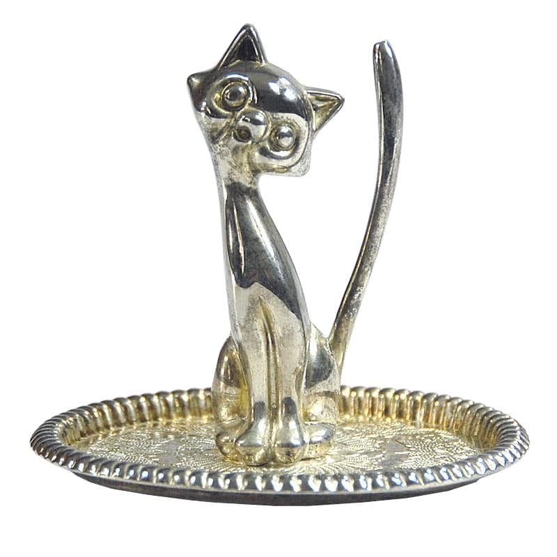 Ring holder, cat, silver-plated metal silver, 1960s.
