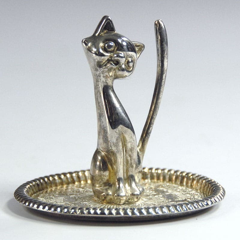 Ring holder, cat, silver-plated metal silver, 1960s. - 319569