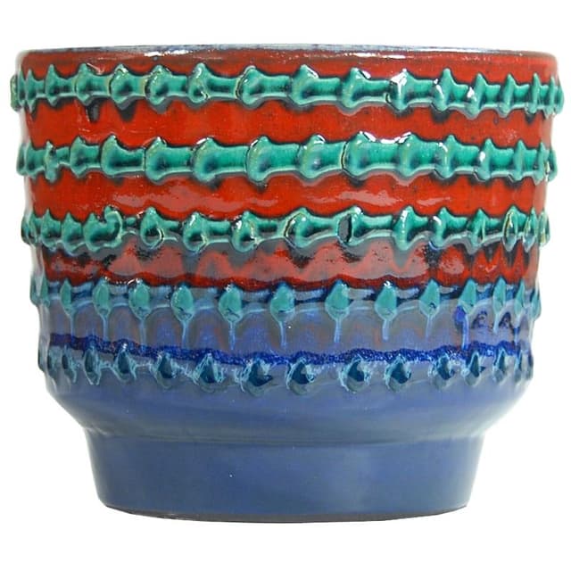 Doniczka ceramiczna, niebieski czerwony zielony, ceramika, Włochy, lata 70. - WYMIARY