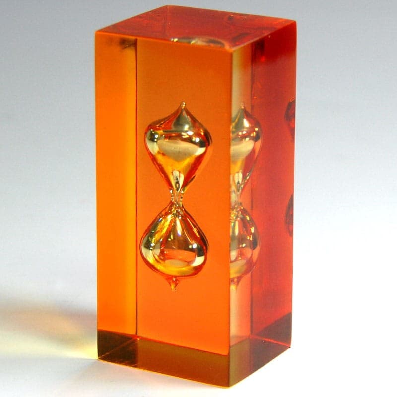 Hourglass Space Age, orange transparent, gold plexiglass, 1970s. - 319532