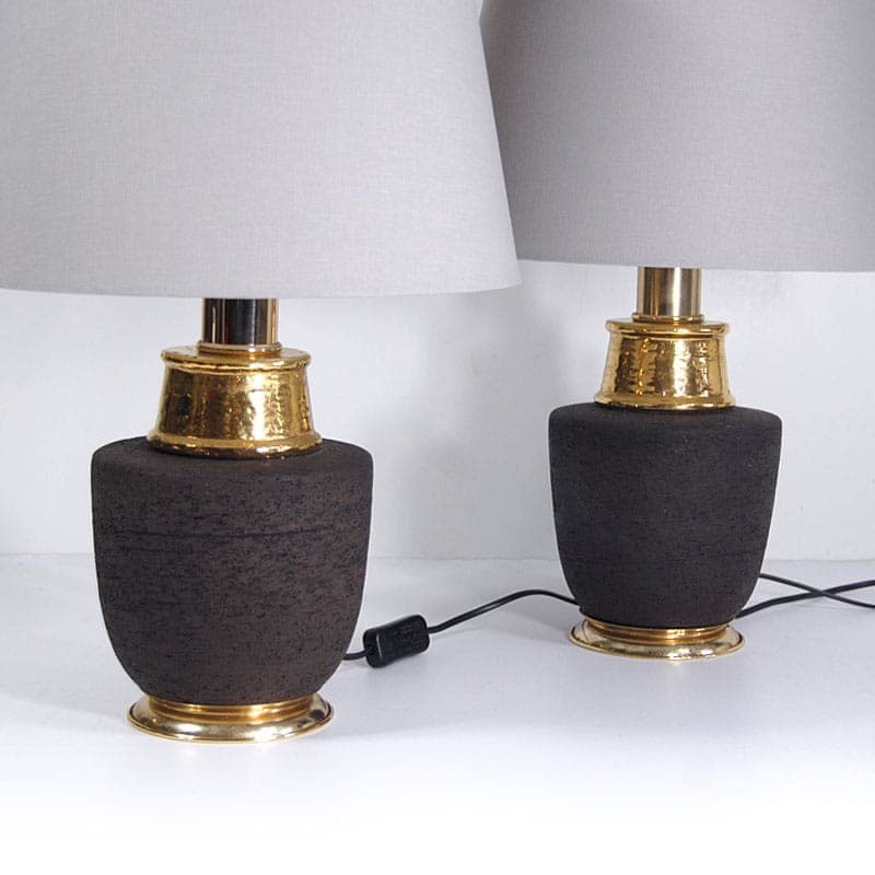 Para lamp stołowych, ceramika brązowy, bawełna biały, Bitossi, Włochy, lata 60. - 319884