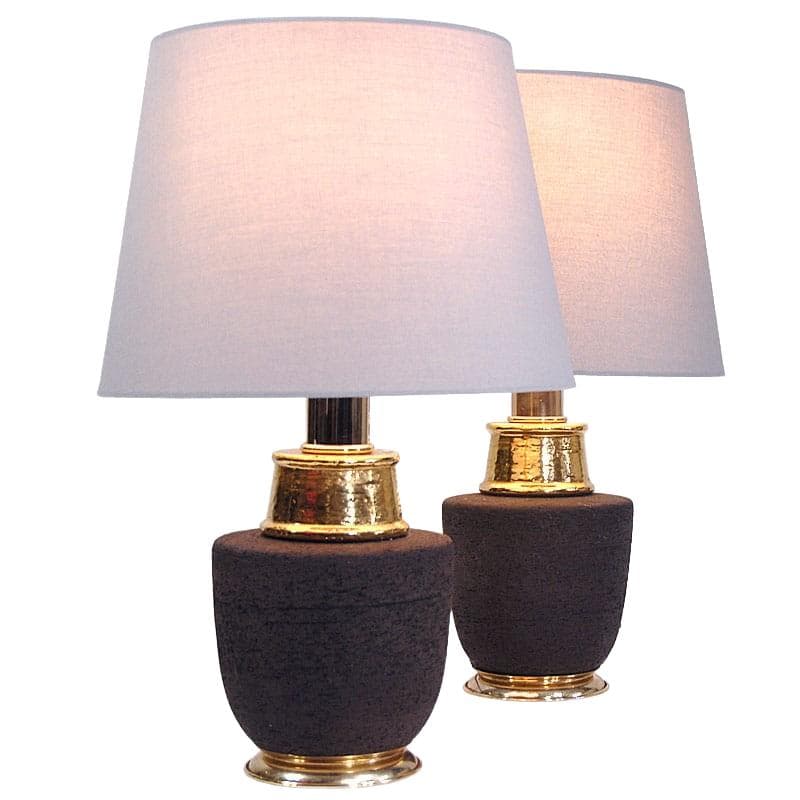 Para lamp stołowych, ceramika brązowy, bawełna biały, Bitossi, Włochy, lata 60.