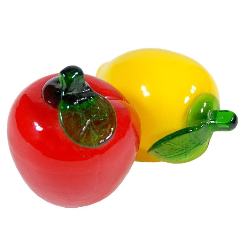Set of Two Fruits, Murano, colored glass red yellow green transparent, Italy, 1960s.