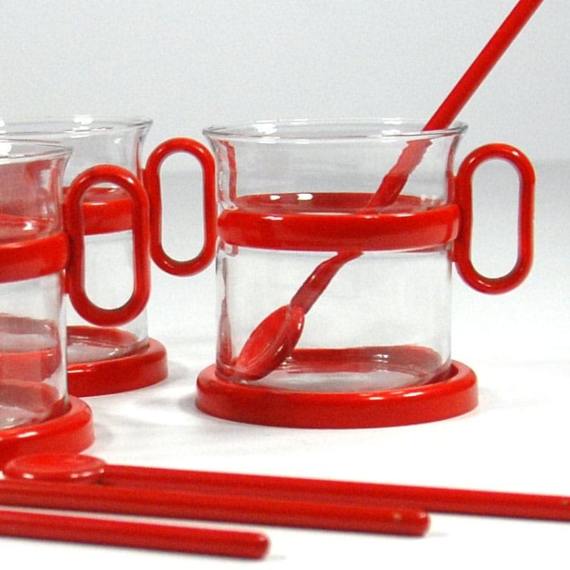Zestaw herbaciany Memphis, szkło transparentne, plastik czerwony, Randwyck, Holandia, lata 80. - 323454
