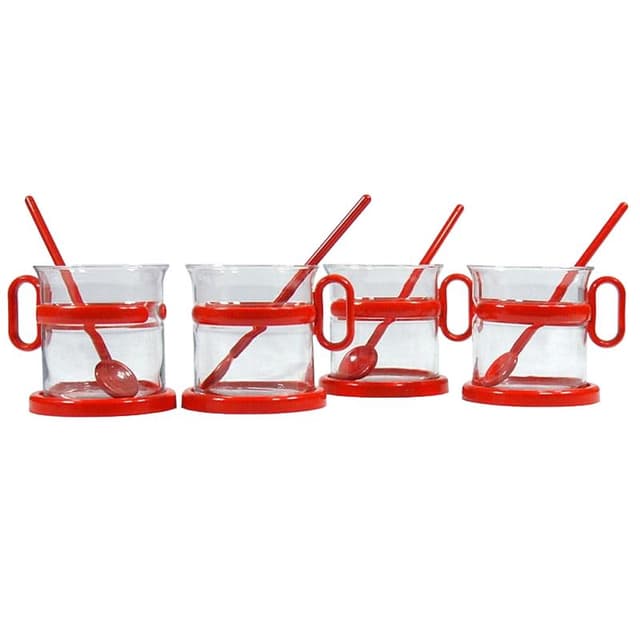 Zestaw herbaciany Memphis, szkło transparentne, plastik czerwony, Randwyck, Holandia, lata 80. - WYMIARY