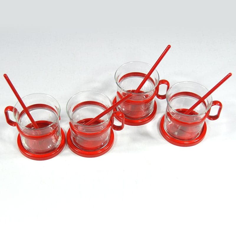 Zestaw herbaciany Memphis, szkło transparentne, plastik czerwony, Randwyck, Holandia, lata 80. - 323455