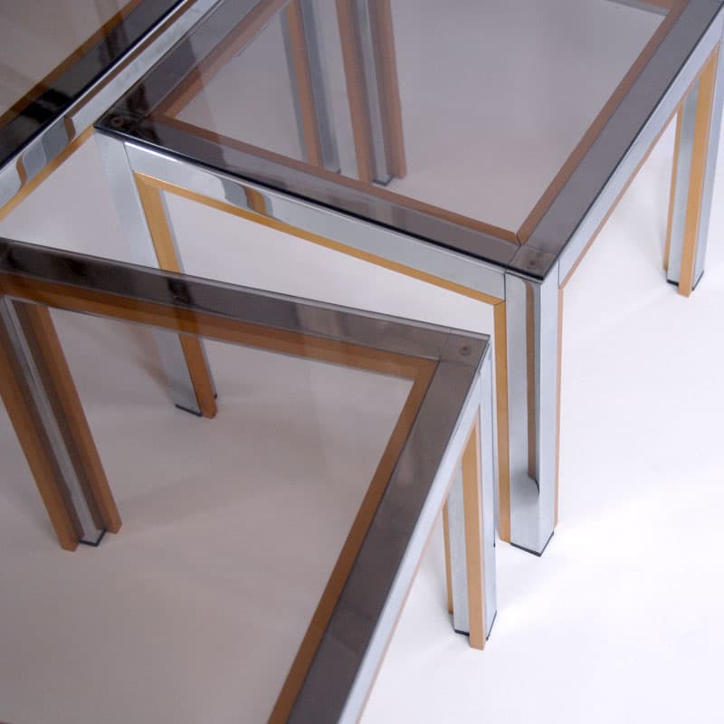 Set of side tables, silver chrome, gold metal, smoked glass, by R. Zevi, Italy, 1970s. - 342285