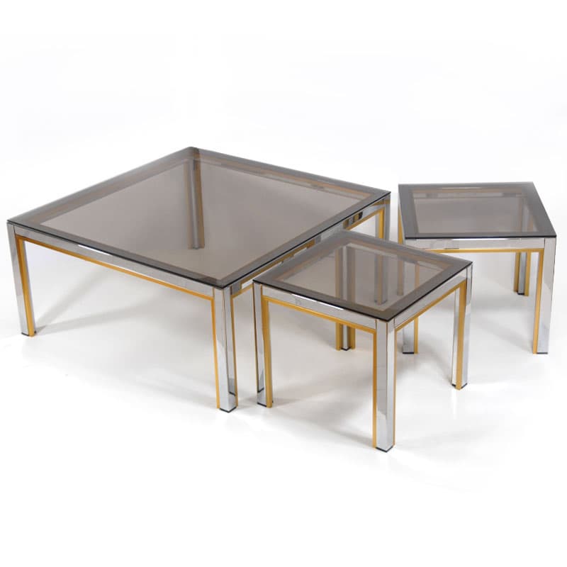 Set of side tables, silver chrome, gold metal, smoked glass, by R. Zevi, Italy, 1970s. - 342287