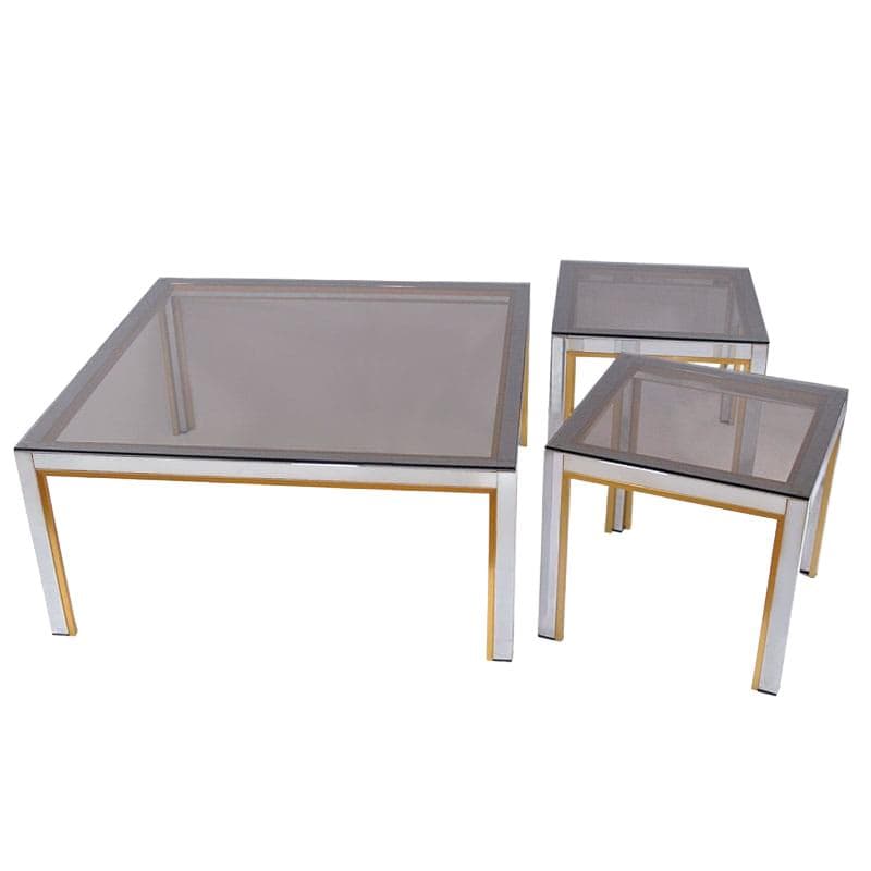 Set of side tables, silver chrome, gold metal, smoked glass, by R. Zevi, Italy, 1970s.