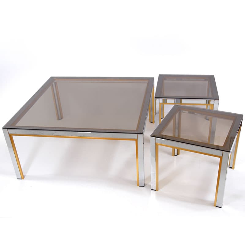 Set of side tables, silver chrome, gold metal, smoked glass, by R. Zevi, Italy, 1970s. - 342288