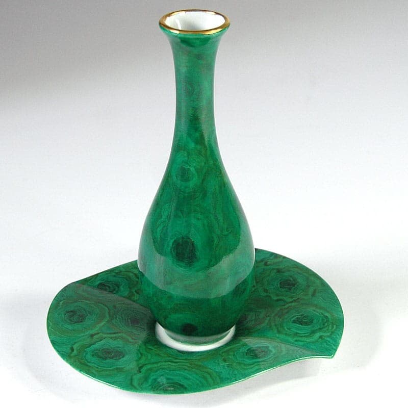 Wazon z podstawką, malachitowy zielony, złocony, porcelana, Limoges, Francja, lata 80. - 323261