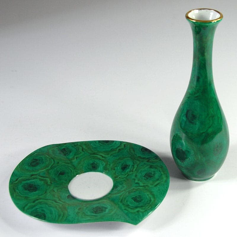 Wazon z podstawką, malachitowy zielony, złocony, porcelana, Limoges, Francja, lata 80. - 323262