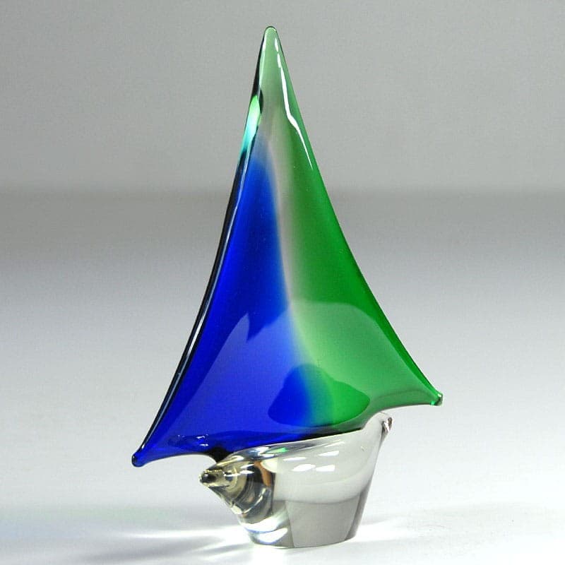 Sailboat figurine, colored glass blue green white transparent, Murano, Italy, 1970s. - 323188