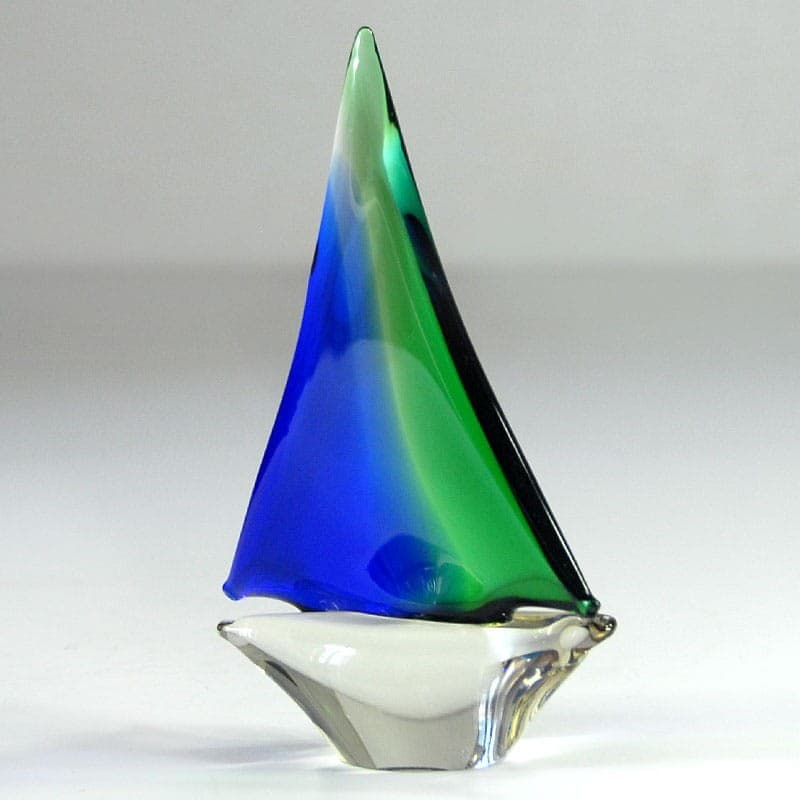 Sailboat figurine, colored glass blue green white transparent, Murano, Italy, 1970s. - 323189