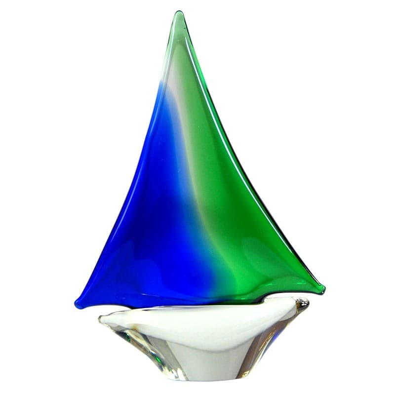Sailboat figurine, colored glass blue green white transparent, Murano, Italy, 1970s. - 323190