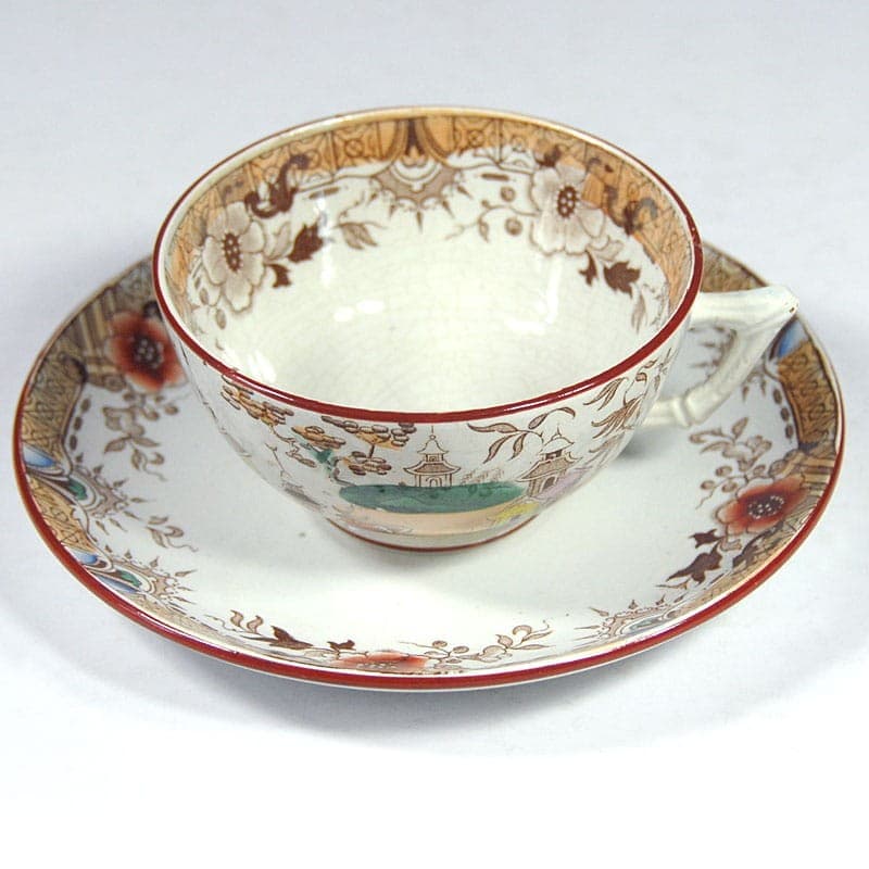 Filiżanka z podstawkiem, chinoiserie, beżowy, fajans, Sarreguemines, Francja, przełom XIX/XX w. - 323056