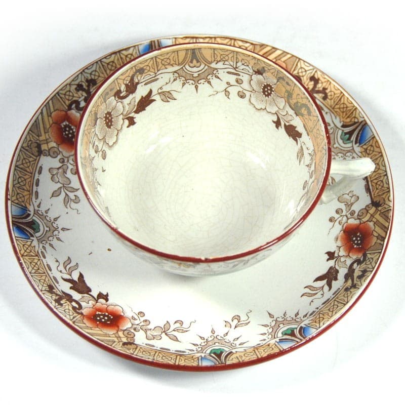 Filiżanka z podstawkiem, chinoiserie, beżowy, fajans, Sarreguemines, Francja, przełom XIX/XX w. - 323057