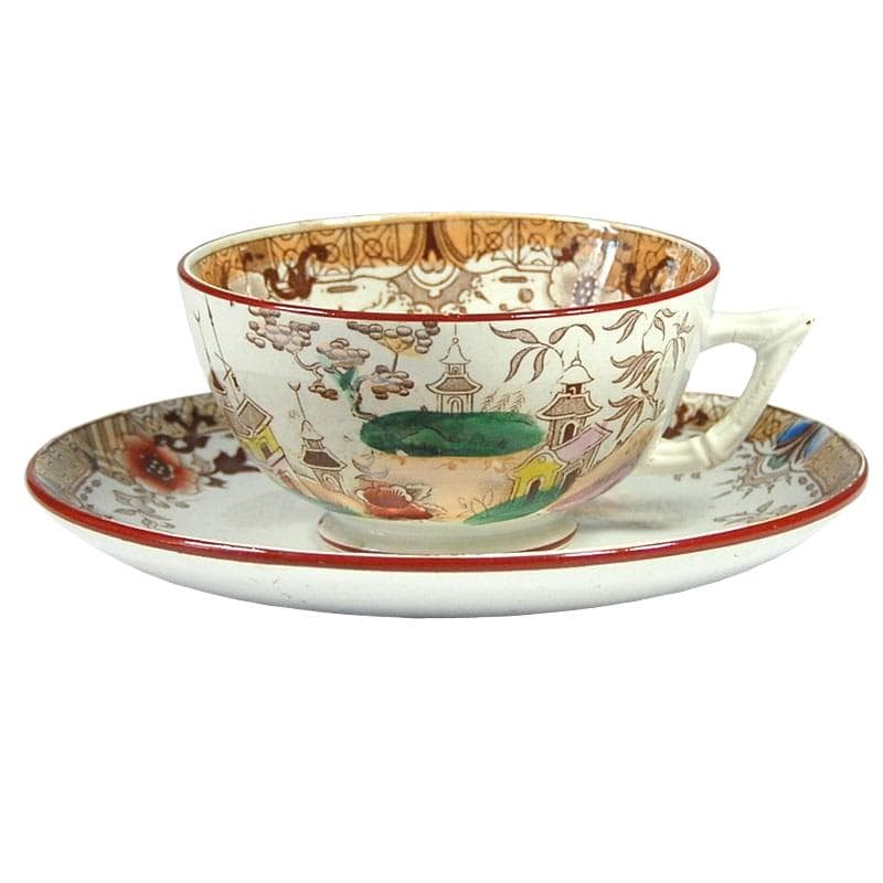 Filiżanka z podstawkiem, chinoiserie, beżowy, fajans, Sarreguemines, Francja, przełom XIX/XX w.