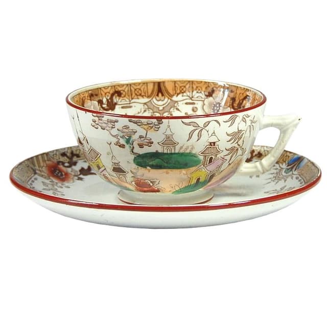 Filiżanka z podstawkiem, chinoiserie, beżowy, fajans, Sarreguemines, Francja, przełom XIX/XX w. - WYMIARY