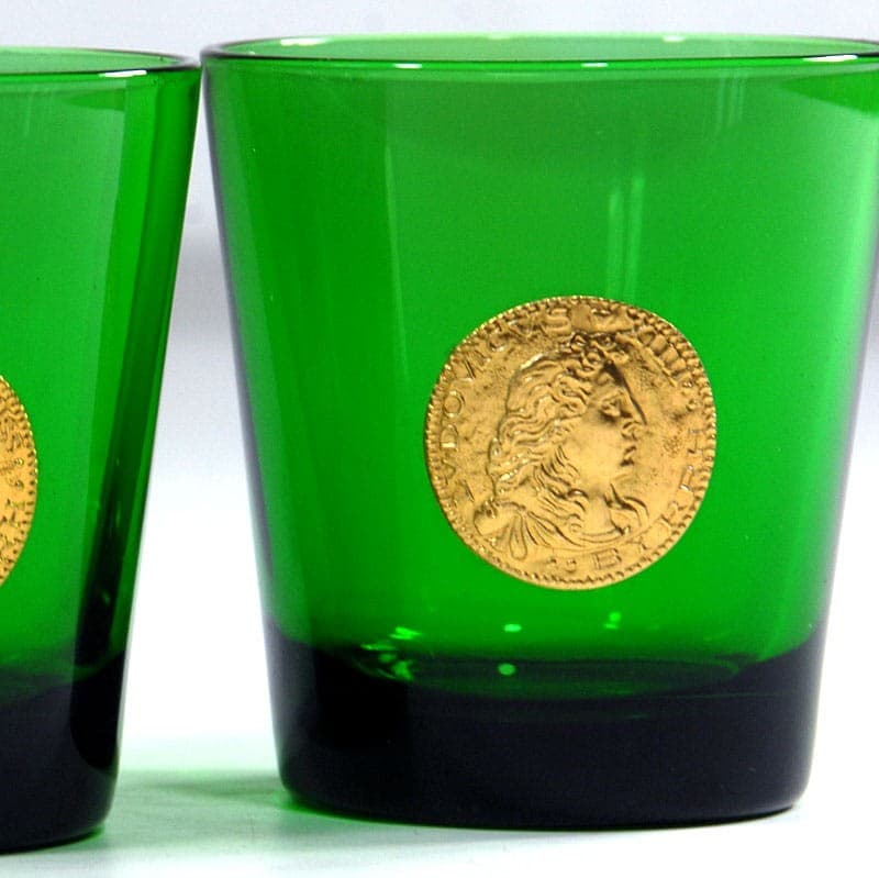 Zestaw czterech szklanek, Byrrh, szkło zielone, złocone medaliony, Francja, lata 60. - 320959