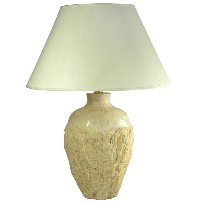 Lampa stołowa, trawertyn beżowy, bawełna biała, Włochy, lata 70.