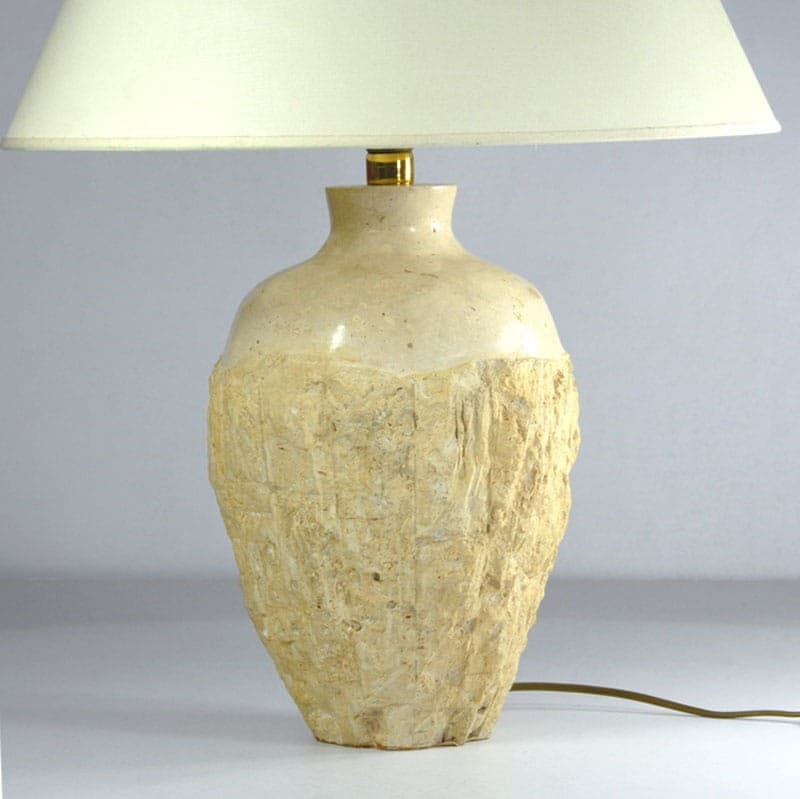 Lampa stołowa, trawertyn beżowy, bawełna biała, Włochy, lata 70. - 320908