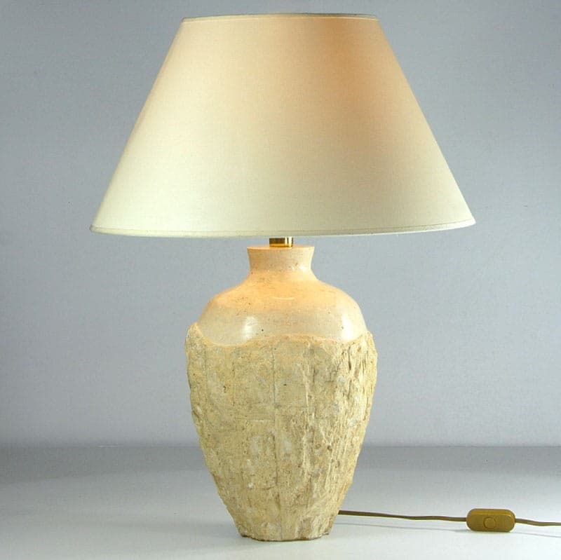 Lampa stołowa, trawertyn beżowy, bawełna biała, Włochy, lata 70. - 320907