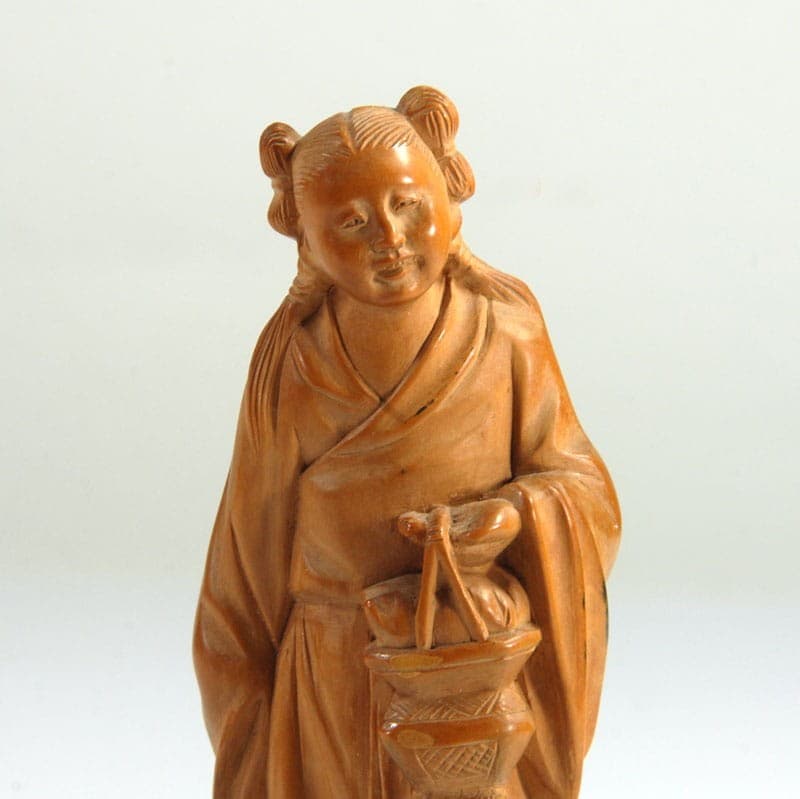 Figurine Girl with Fish Basket, brown boxwood, black wooden base, China, traditional style - 320235