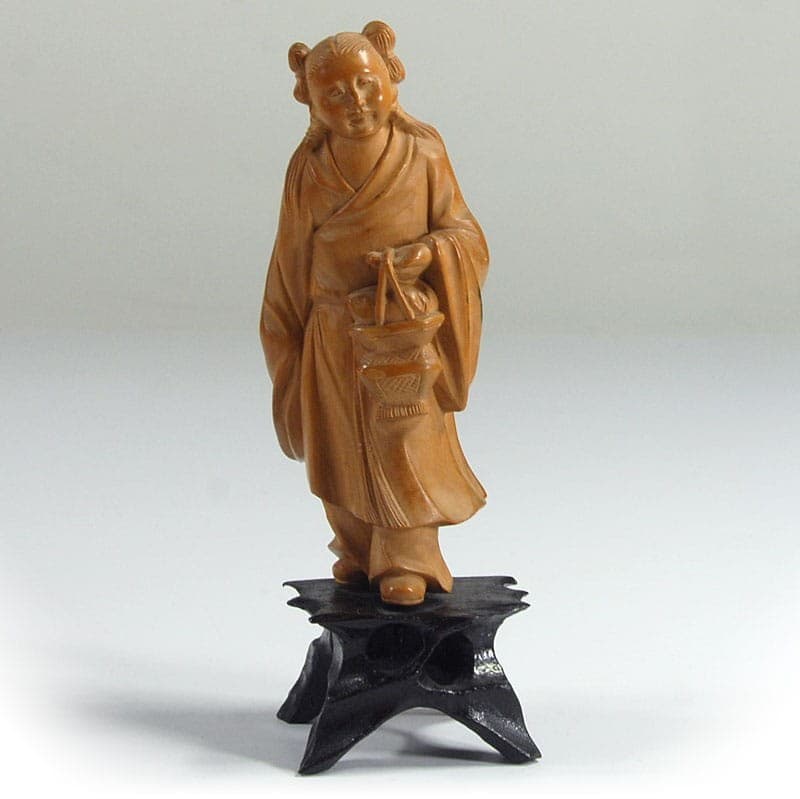Figurine Girl with Fish Basket, brown boxwood, black wooden base, China, traditional style - 320234