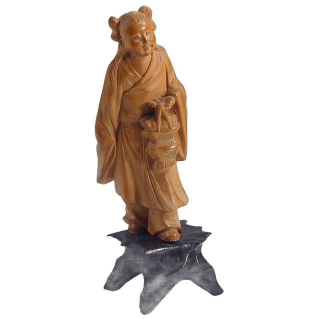 Figurine Girl with Fish Basket, brown boxwood, black wooden base, China, traditional style - DIMENSION