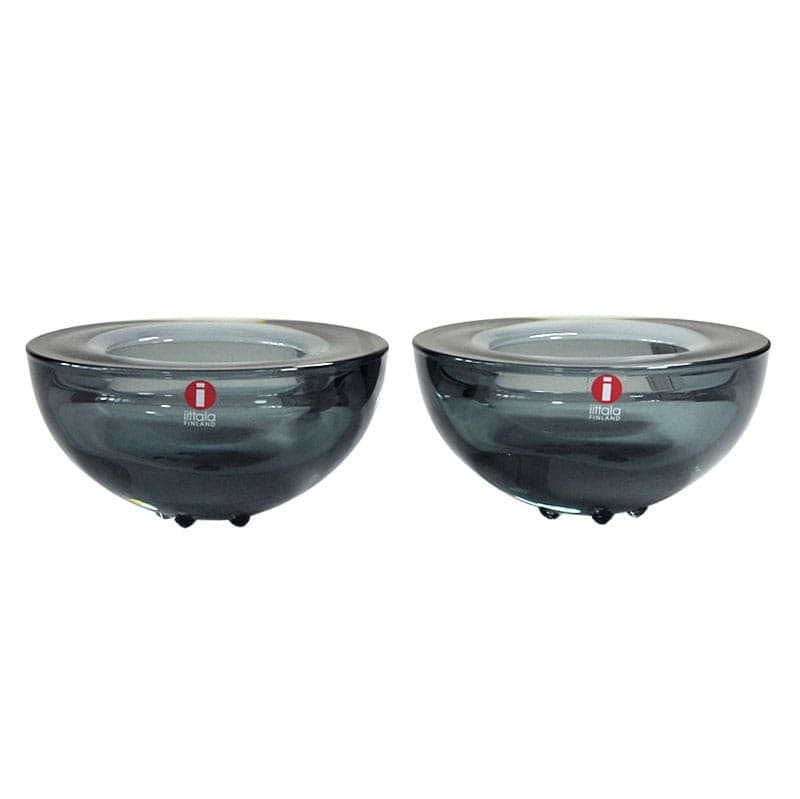 Para świeczników Ballo, szkło szary niebieski transparentny, proj. A. Hakatie, Iittala, Finlandia, lata 70. - 320024