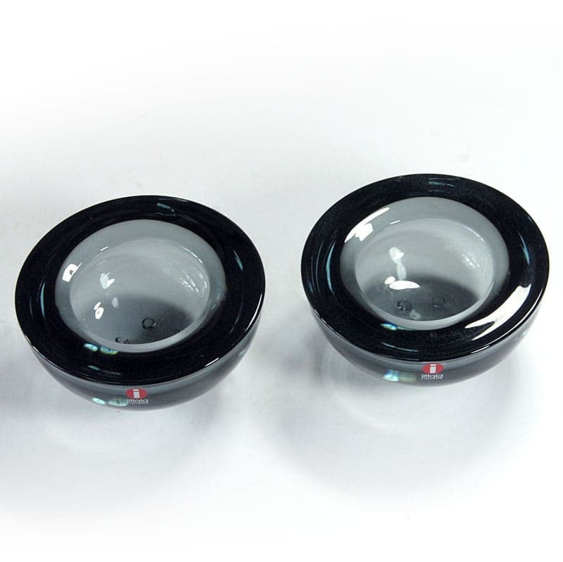 Para świeczników Ballo, szkło szary niebieski transparentny, proj. A. Hakatie, Iittala, Finlandia, lata 70. - 320023