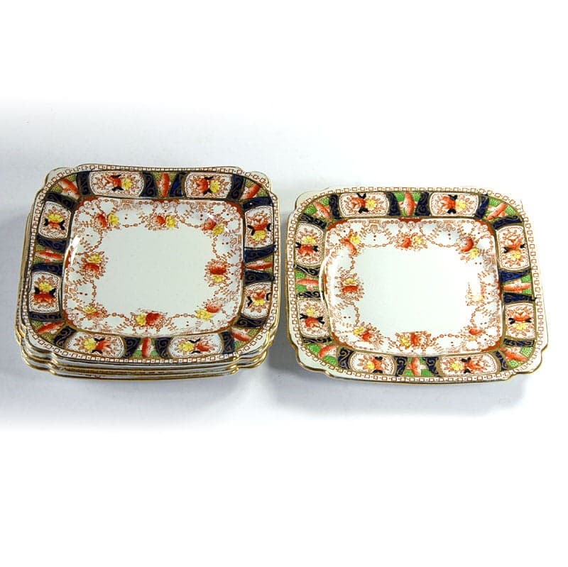Zestaw pięciu talerzyków deserowych, porcelana biała multikolor, Burgess Bros., Wielka Brytania, lata 30. - 320012