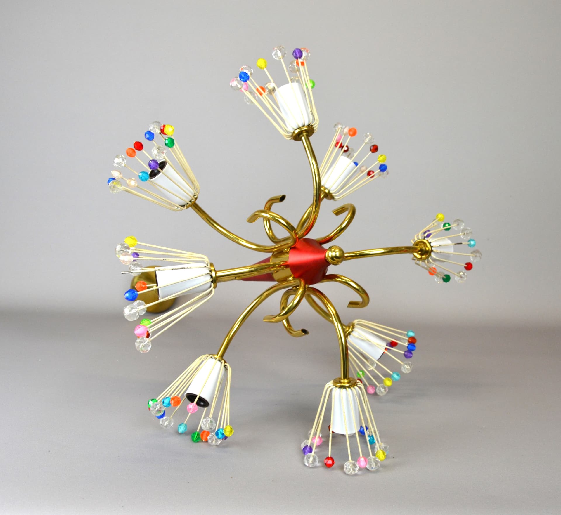 Chandelier, multicolor, brass painted metal glass, by E. Stejnar, Austria, 1950s - 158