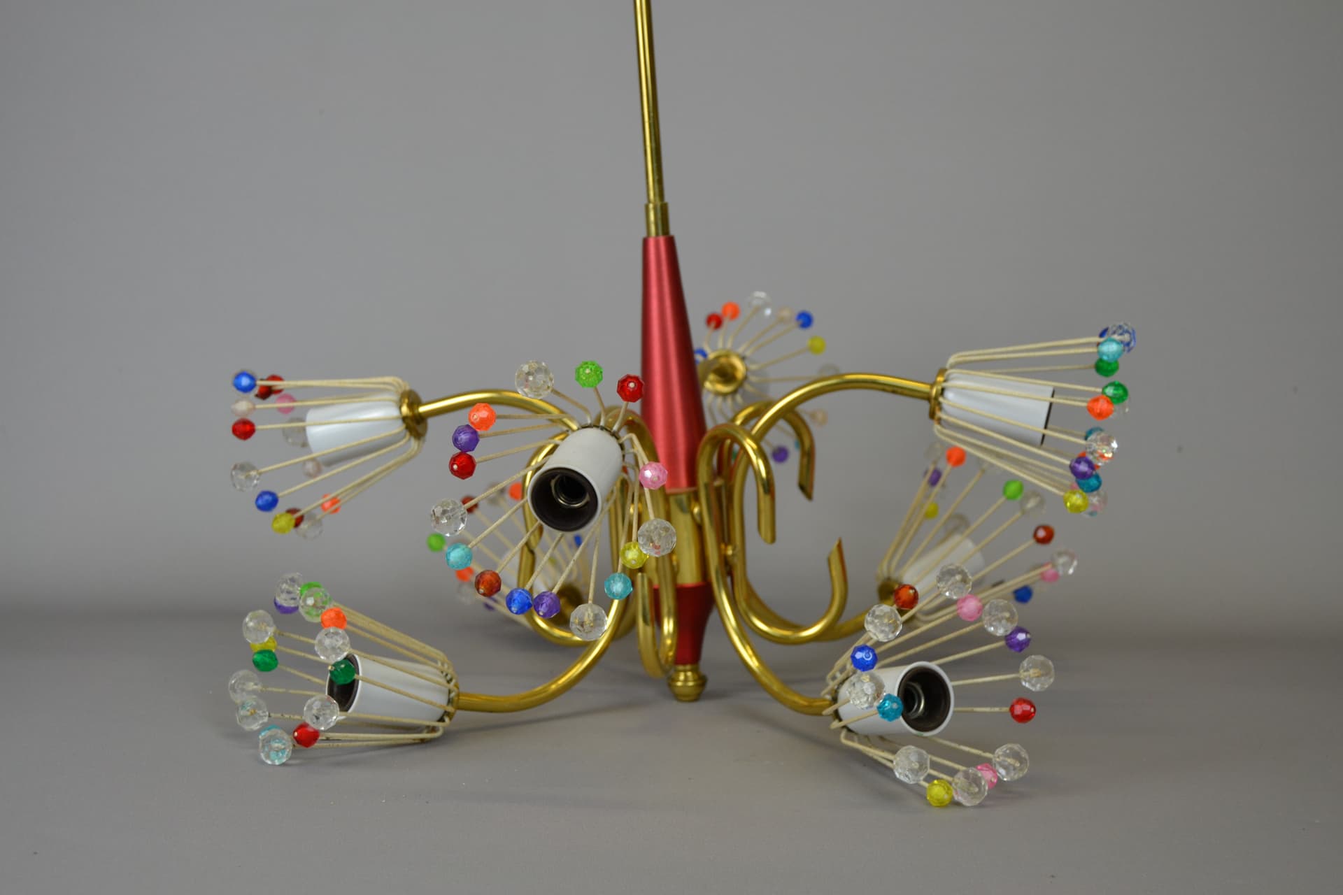 Chandelier, multicolor, brass painted metal glass, by E. Stejnar, Austria, 1950s - 160