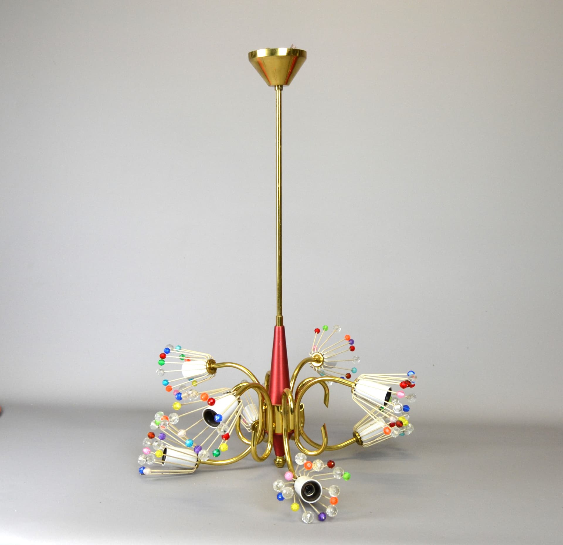 Chandelier, multicolor, brass painted metal glass, by E. Stejnar, Austria, 1950s - 157