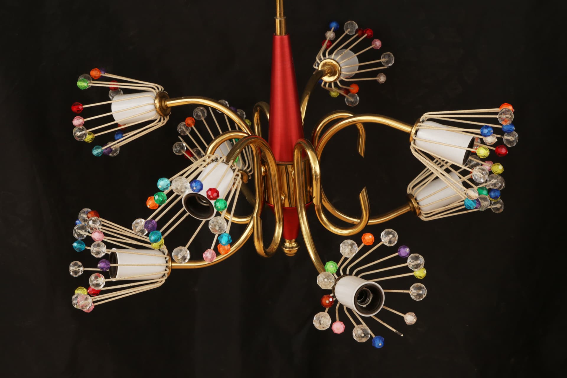 Chandelier, multicolor, brass painted metal glass, by E. Stejnar, Austria, 1950s - 155