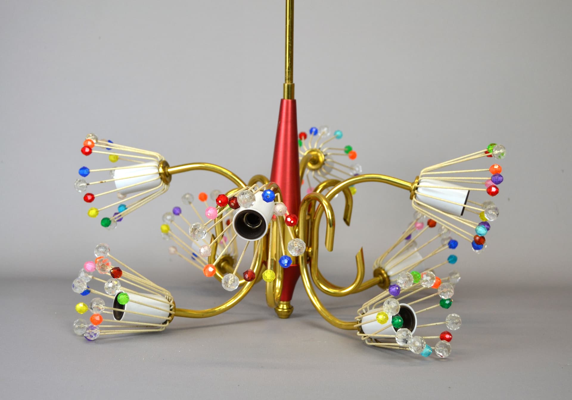 Chandelier, multicolor, brass painted metal glass, by E. Stejnar, Austria, 1950s - 159