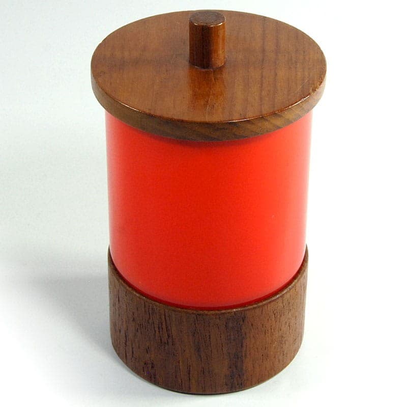 Table container, orange-red colored glass, brown teak wood, Italy, 1970s. - 320743