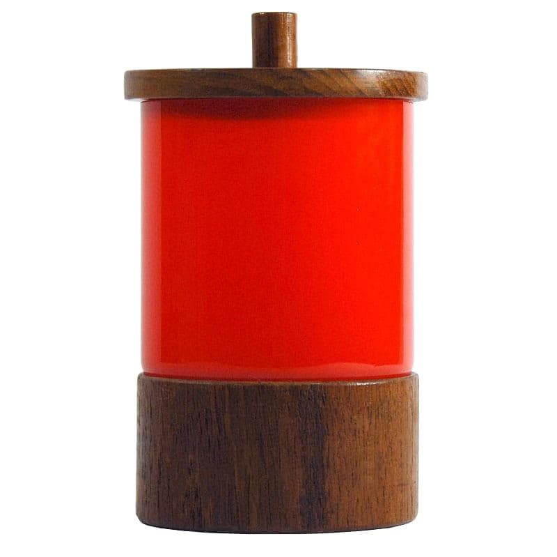 Table container, orange-red colored glass, brown teak wood, Italy, 1970s.