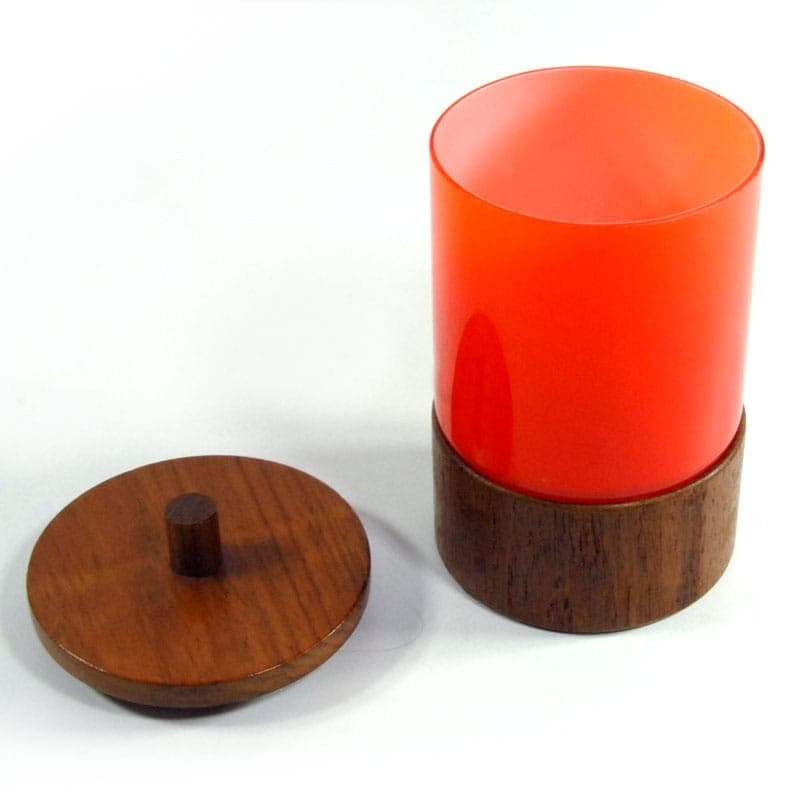 Table container, orange-red colored glass, brown teak wood, Italy, 1970s. - 320744