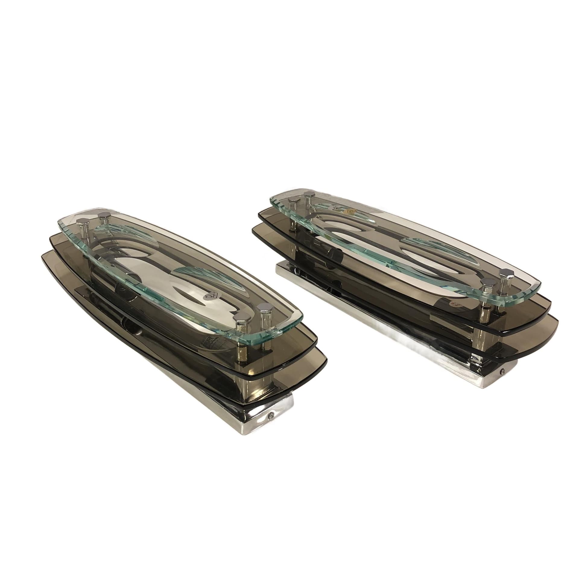 Para kinkietów ściennych, szkło dymione brązowe, stal chromowana, Włochy, lata 70.