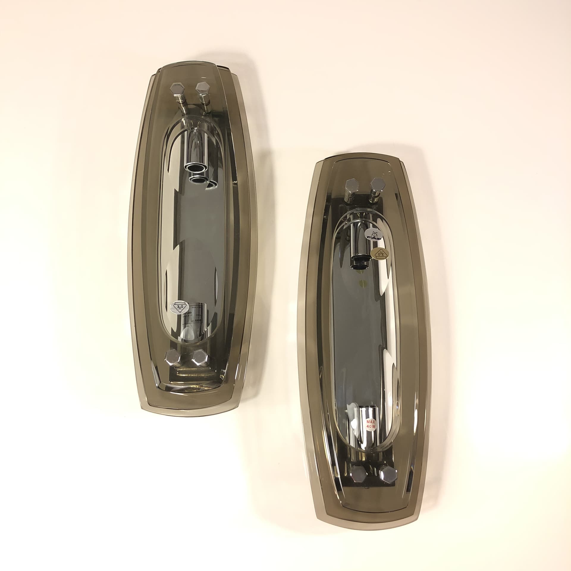 Para kinkietów ściennych, szkło dymione brązowe, stal chromowana, Włochy, lata 70. - 23879