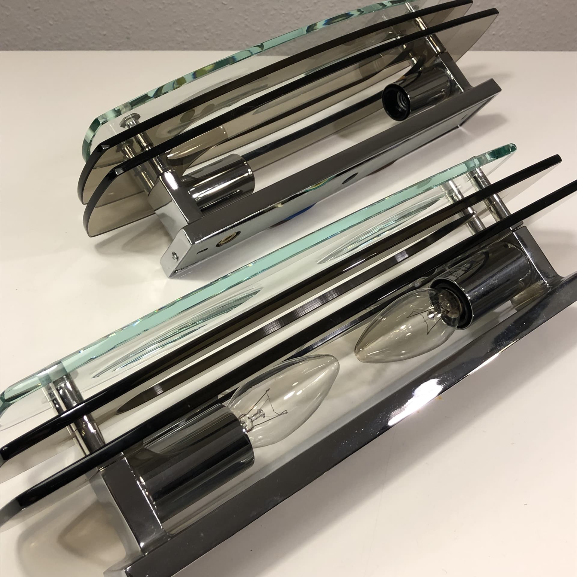 Para kinkietów ściennych, szkło dymione brązowe, stal chromowana, Włochy, lata 70. - 23878