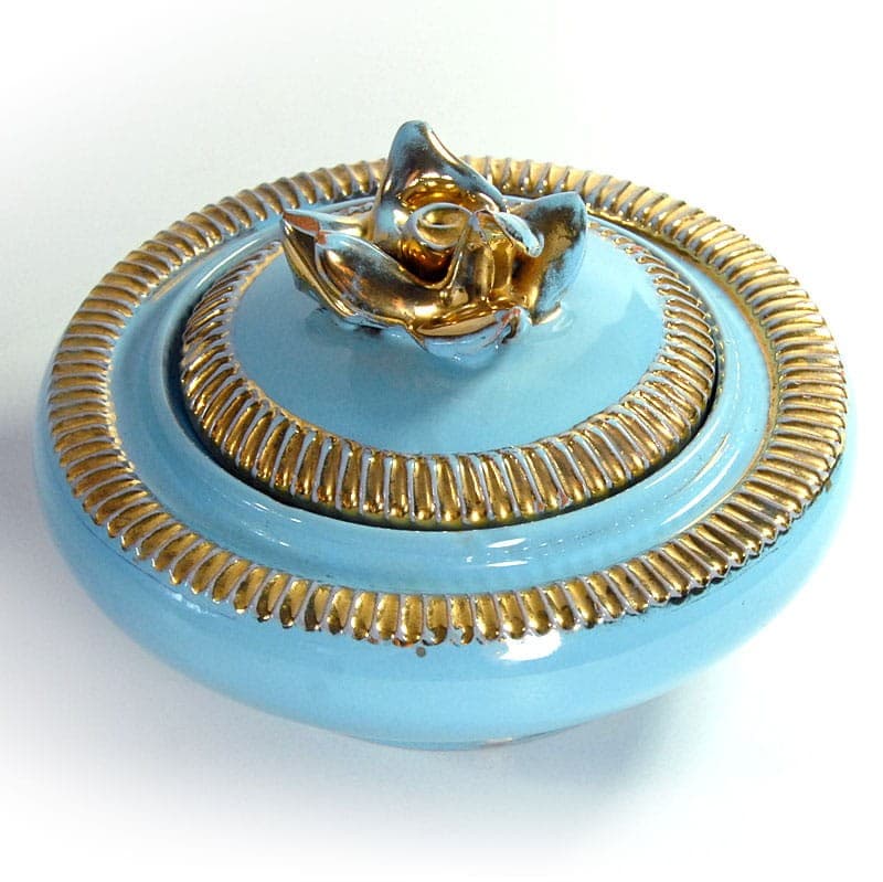 Pojemnik z przykrywką, ceramika błękitna, złocona, Galvani Ceramiche, Włochy, lata 50. - 320699
