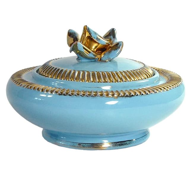 Pojemnik z przykrywką, ceramika błękitna, złocona, Galvani Ceramiche, Włochy, lata 50. - WYMIARY