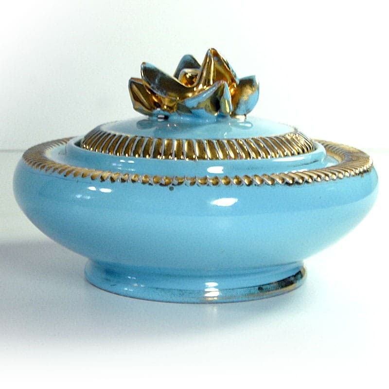 Pojemnik z przykrywką, ceramika błękitna, złocona, Galvani Ceramiche, Włochy, lata 50. - 320700