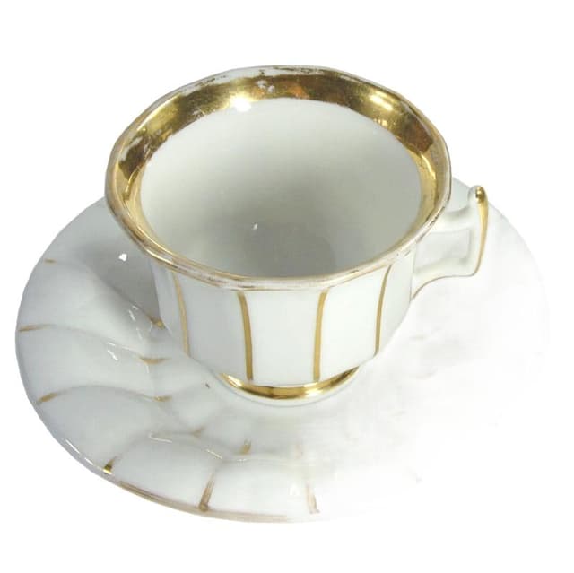 Filiżanka ze spodkiem Biedermeier, biała, porcelana, złocona, Francja, XIX wiek - WYMIARY